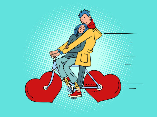 一对恋爱中的情侣在红色情人节骑自行车图片下载