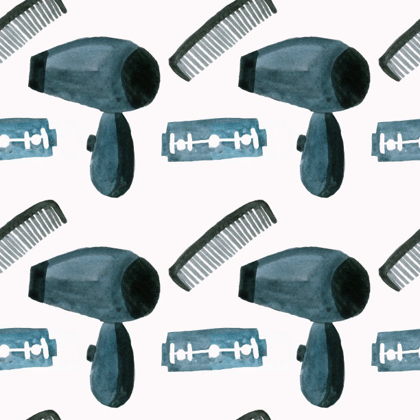 无缝图案剃须刀，梳子和吹风机。图片下载