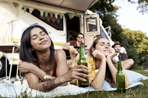 年轻的朋友们在阳光下露营图片下载