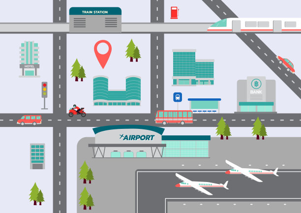 城市地图有建筑物，道路和公共交通符号，矢量插图图片下载