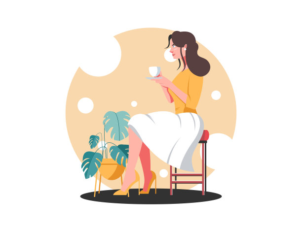 卡通人物女孩在咖啡馆喝热茶咖啡图片下载