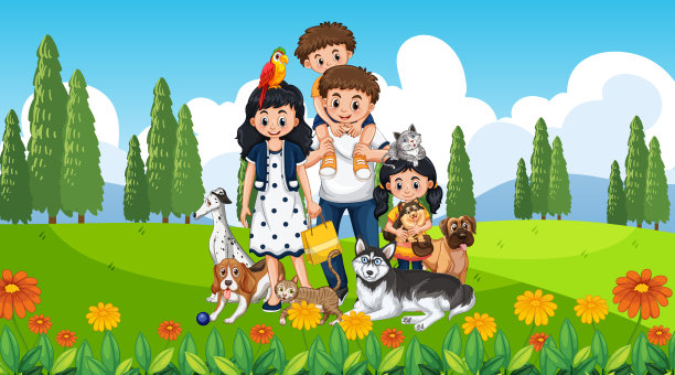 户外场景与幸福的家庭和狗图片下载