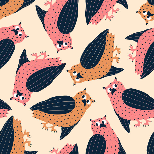 可爱的猫头鹰手绘矢量插图。有趣的彩色鸟在平面风格无缝图案的孩子织物或墙纸。图片下载