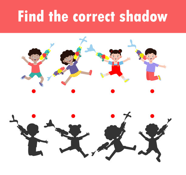 儿童阴影匹配游戏，儿童视觉游戏，找到正确的阴影，教学媒体，连接点图片，教育孤立的背景矢量插图。图片下载