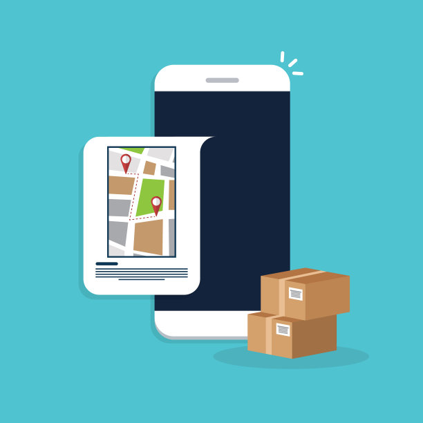 手机包裹快递跟踪。智能手机，屏幕上有城市地图和大头针，目的地位置和包装盒。图片下载