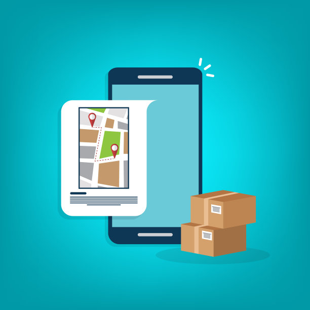 手机包裹快递跟踪。智能手机，屏幕上有城市地图和大头针，目的地位置和包装盒。图片下载