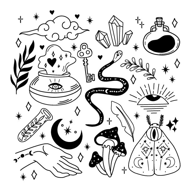 一套黑色魔法元素在涂鸦风格。图片下载