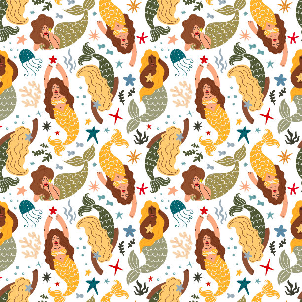 无缝图案与美人鱼和海洋生物图片下载