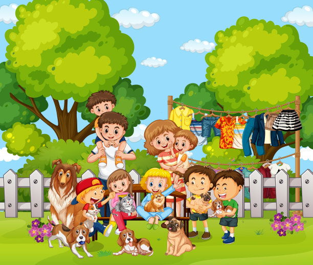 户外场景与幸福的家庭和狗图片下载