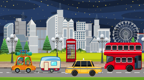 夜晚的城镇景色，沿路有许多建筑物图片下载