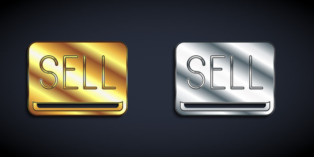 金色和银色出售按钮图标孤立在黑色图片下载
