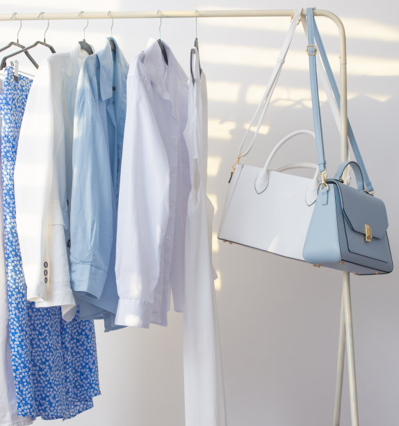 女性白色和蓝色胶囊夏季衣橱在白色的房间图片下载