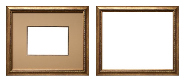 金色画框孤立在白色背景。矩形金框，带过渡部分。图片下载