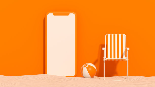 黑屏智能手机上沙滩，夏日沙滩度假旅行橙色背景图片下载