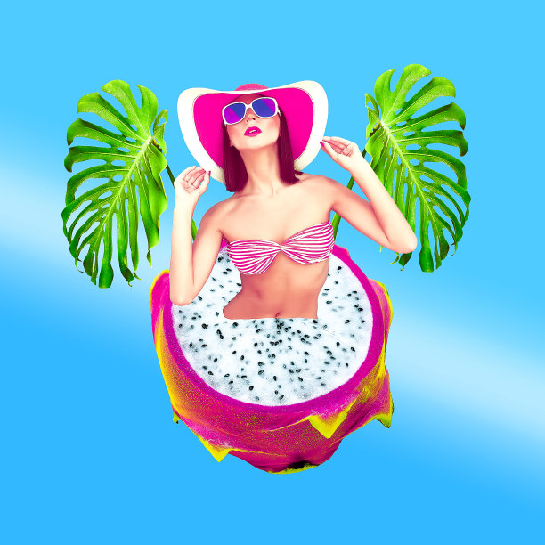 当代最小艺术拼贴。热带复古淑女清新时尚海滩风格。假期，夏天，派对时间的概念图片下载