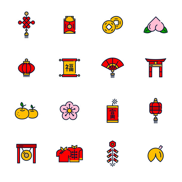 中国新年像素完美的彩色图标集图片下载