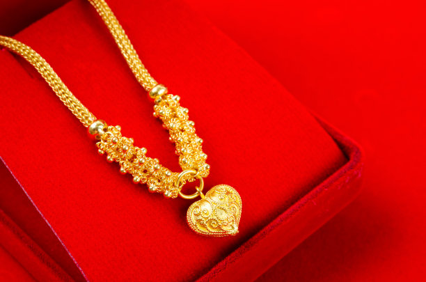 金项链装在红丝绒盒子里。图片下载
