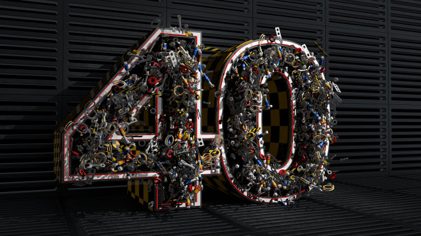 在数字40的形状的工具箱，从其中爆炸的螺母，螺栓，工具，金属零件，弹簧和球体对金属板的背景。三维演示图片下载