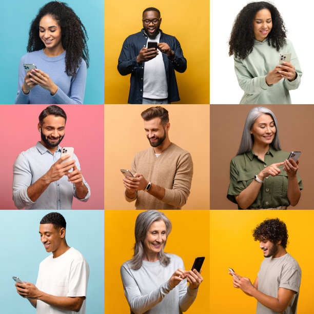 拥挤的屏幕上，各种各样的人使用智能手机，享受新的移动应用程序图片下载