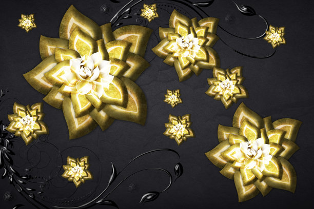 3d插图壁画墙纸。金色花朵在装饰的黑色背景墙壁装饰图片下载