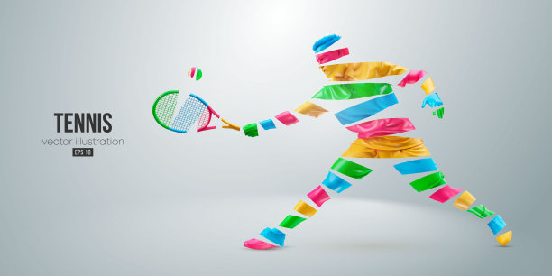 一个网球运动员在白色背景上的抽象剪影。网球运动员拿着球拍击球。矢量图图片下载