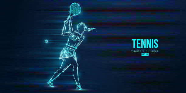 蓝色背景上一个网球运动员的抽象剪影。网球运动员用球拍击球。矢量图图片下载