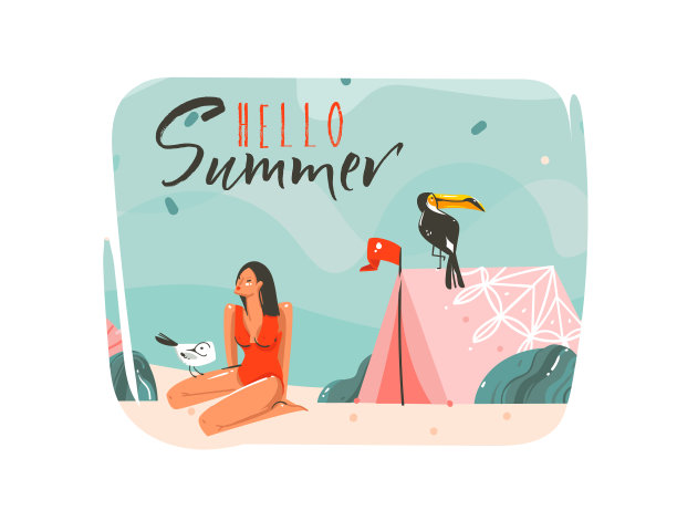 手绘矢量抽象卡通夏季时间图形插图艺术模板背景与海洋海滩景观，粉红色的帐篷，巨嘴鸟和美丽的女孩与你好夏天排版引用文本素材图片