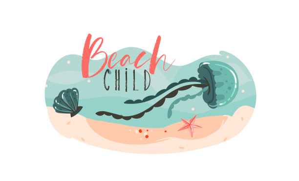 手绘矢量抽象卡通夏季时间图形水下插图模板背景与海底，贝壳，水母，海星和沙滩儿童排版孤立在白色图片下载