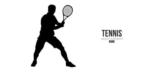 一个网球运动员在白色背景上的抽象剪影。网球运动员拿着球拍击球。矢量图图片下载