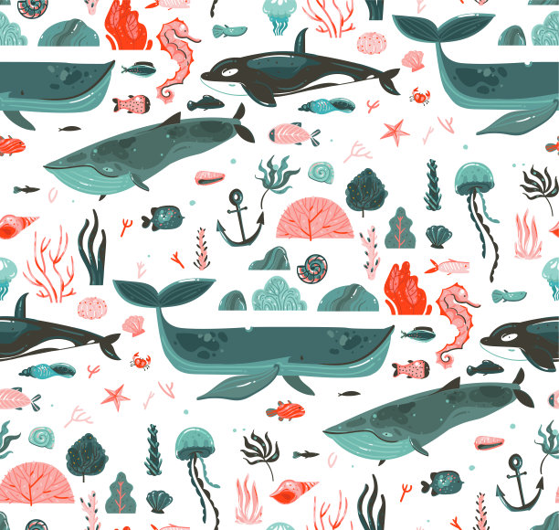 手绘矢量抽象卡通图形夏季水下海底插图无缝图案珊瑚礁，美丽的大鲸鱼，虎鲸海藻孤立在白色背景图片下载