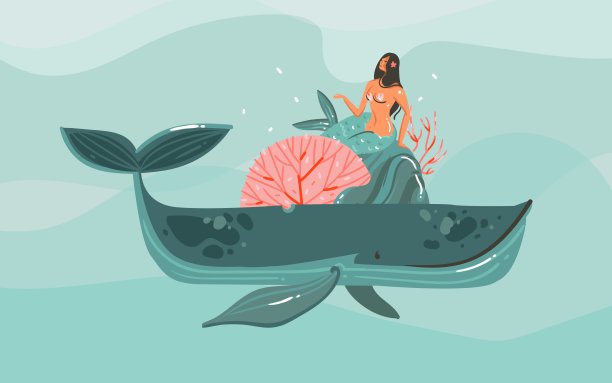 手绘矢量抽象卡通夏季时间图形海洋插图艺术模板背景与蓝色的海洋波浪，大鲸鱼，珊瑚和美丽美人鱼女孩孤立在蓝色背景图片下载