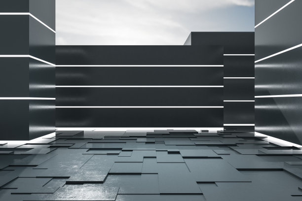 灰暗的天空下，现代的黑色室内装饰着马赛克地板。设计和背景概念。3 d渲染。图片下载