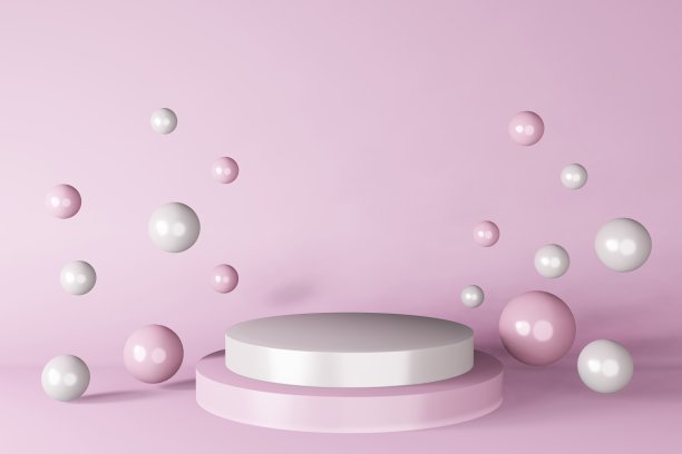 紫色白色圆柱讲台3d渲染。抽象极小的场景悬浮球体图片下载