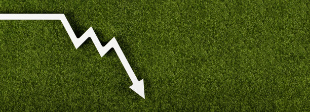 绿色草地上的白色箭头指向下方。商业亏损符号，生态理念，绿色能源消费。图片下载