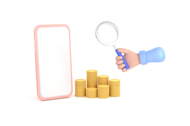 3 d。手持放大镜和智能手机，硬币和信用卡。金融的概念。图片下载