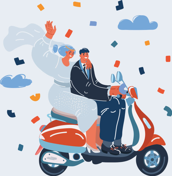 新婚夫妇骑着助力车图片下载