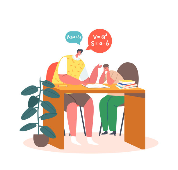 父母或老师和儿子一起坐在书桌前图片下载