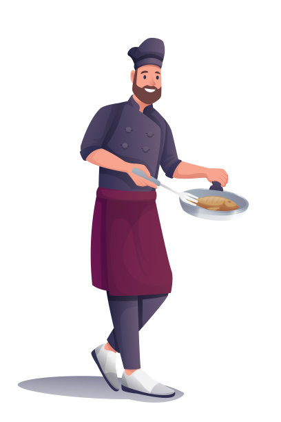 在餐馆里，一名男子正在用平底锅煎鱼图片下载