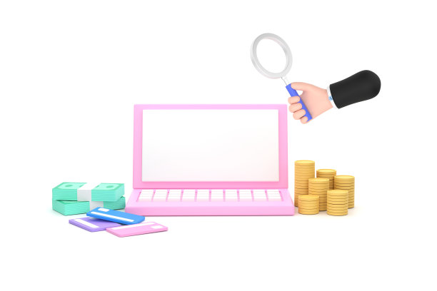 手持放大镜和电脑，硬币和信用卡。金融的概念。图片下载