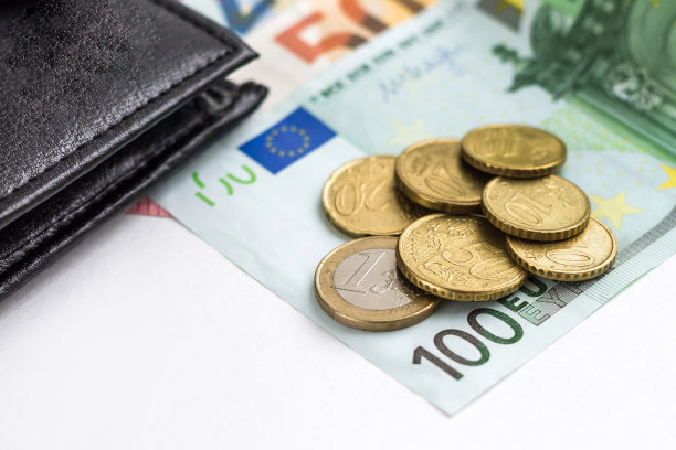 白色背景的欧元钞票和皮夹。工资太低。公共支出图片下载