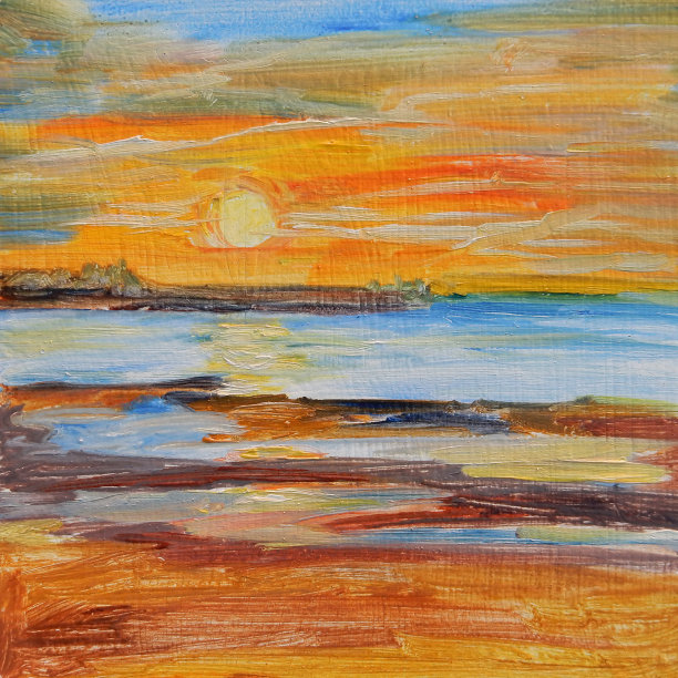 沙滩上的海上日落，油画。图片下载