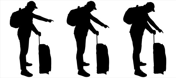 一个戴着帽子，穿着运动服背着背包的游客，一个带轮子的旅行箱。一个身材魁梧的小伙子检查着下面的东西，用手指指着下面。侧视图,概要文件。图片下载