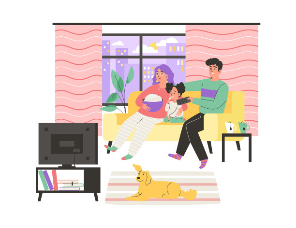 家庭夫妇和孩子的家庭看电视flat图片下载