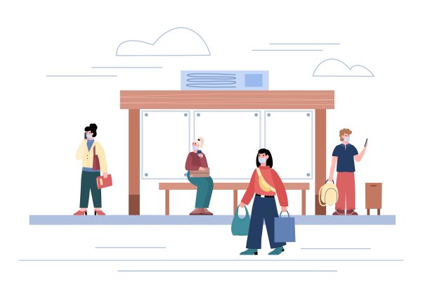 戴着防护口罩的人们在公共汽车站扁平地等待运输图片下载