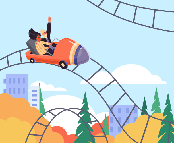 游乐园的背景，人们乘坐过山车，矢量插图。图片下载
