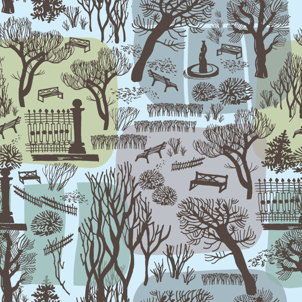 秋天的城市公园有树，有长椅，有喷泉图片下载