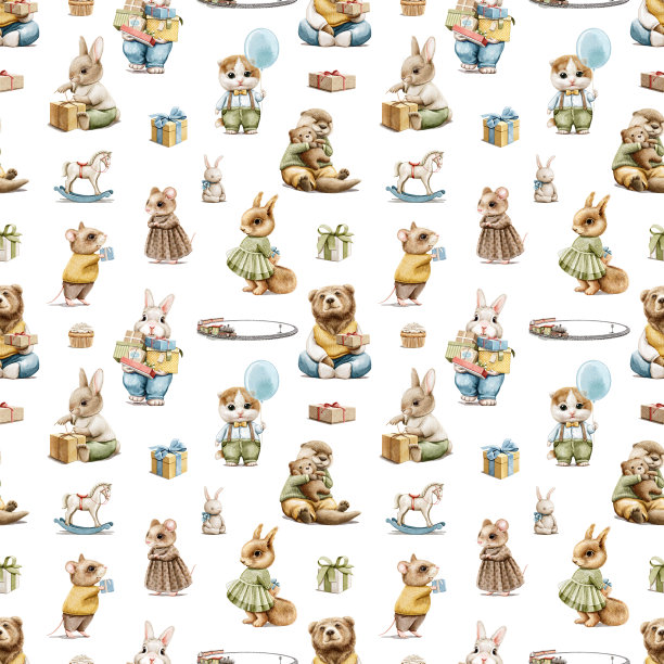 水彩无缝图案与节日彩色动物的衣服图片下载