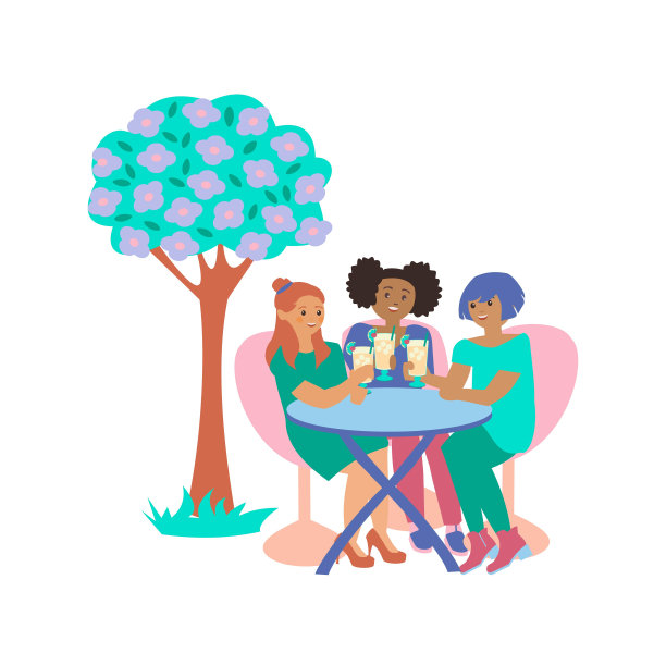 三个年轻的女孩坐在街边的咖啡馆或餐馆的桌子上聊天，和朋友一起喝鸡尾酒。平面矢量插图在白色背景图片下载