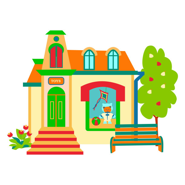 玩具商店橱窗平面矢量孤立插图图片下载