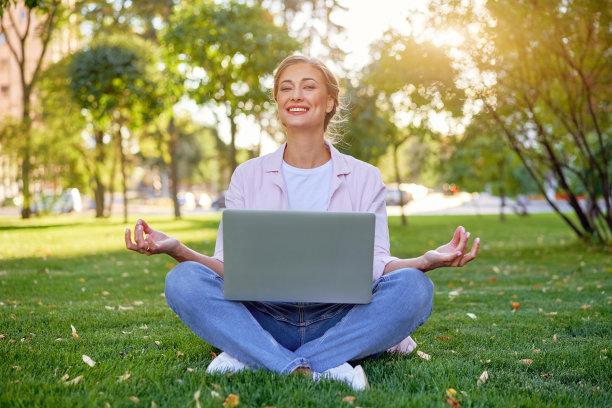 商务女性坐地草地夏季公园使用笔记本电脑商务人士远程工作。户外图片下载